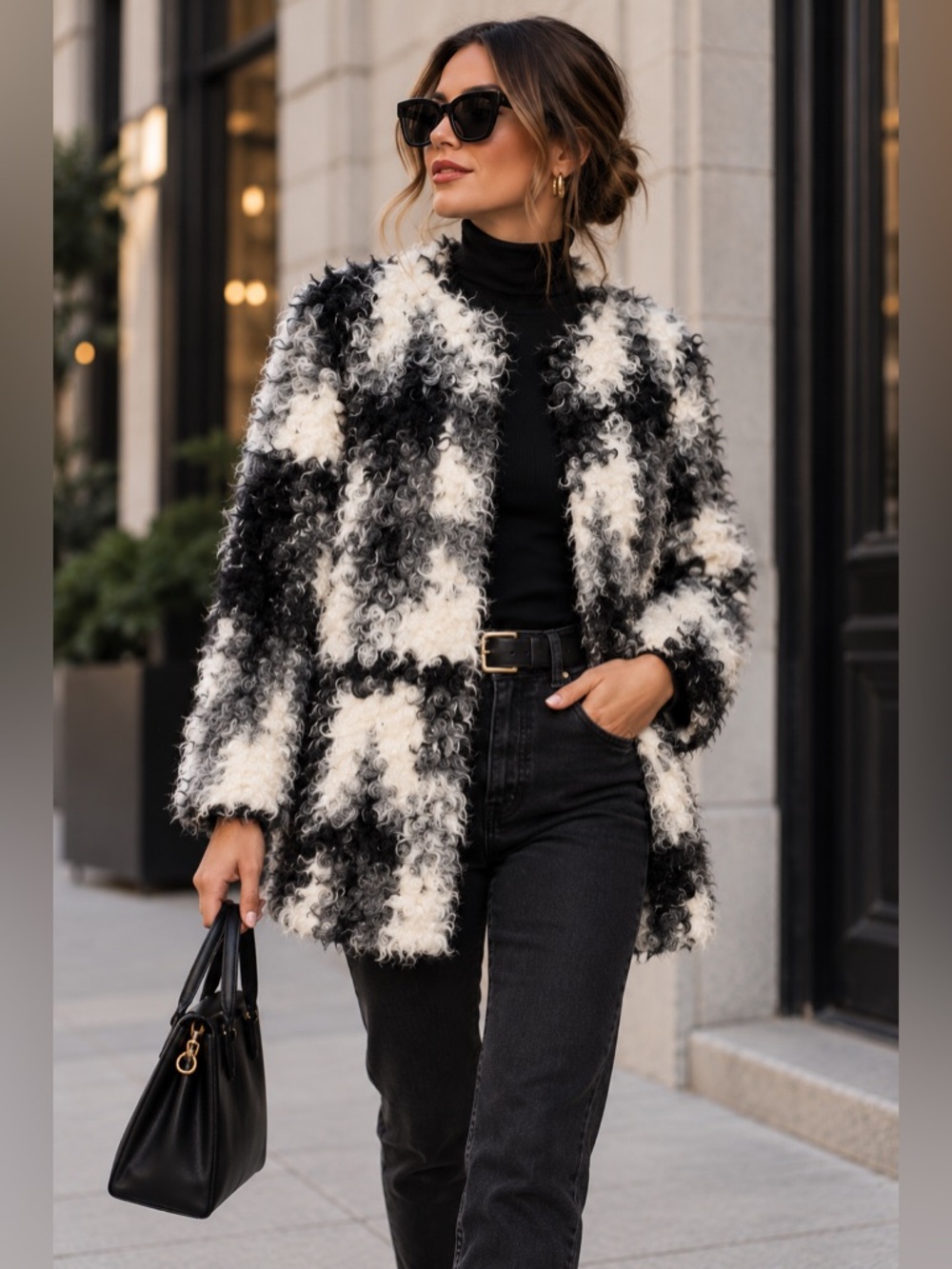 Zara Collection Houndstooth Two Tone Faux Fur Blogger Open Women’s Jacket Sz XS